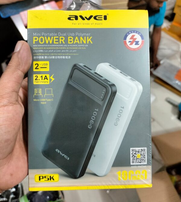 Cholo Buyers Awei P5K 10000mAh Dual USB Port Power Bank With Fast Charging