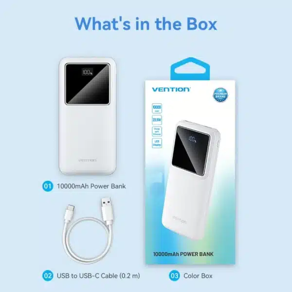 Vention FHKB0 10000mAh Power Bank – White | Sleek Design, Powerful Performance